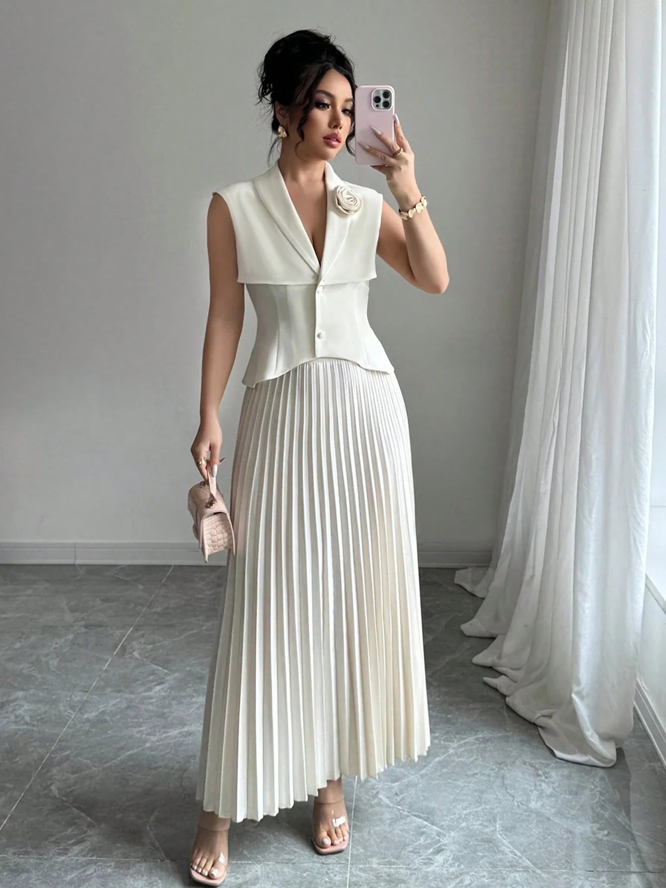 Cinched Vest & Pleated Skirt Set