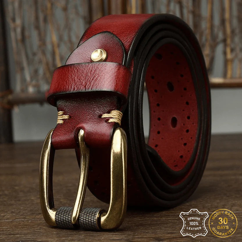 Single-Strip Cowhide Leather Belt with Solid Brass Buckle