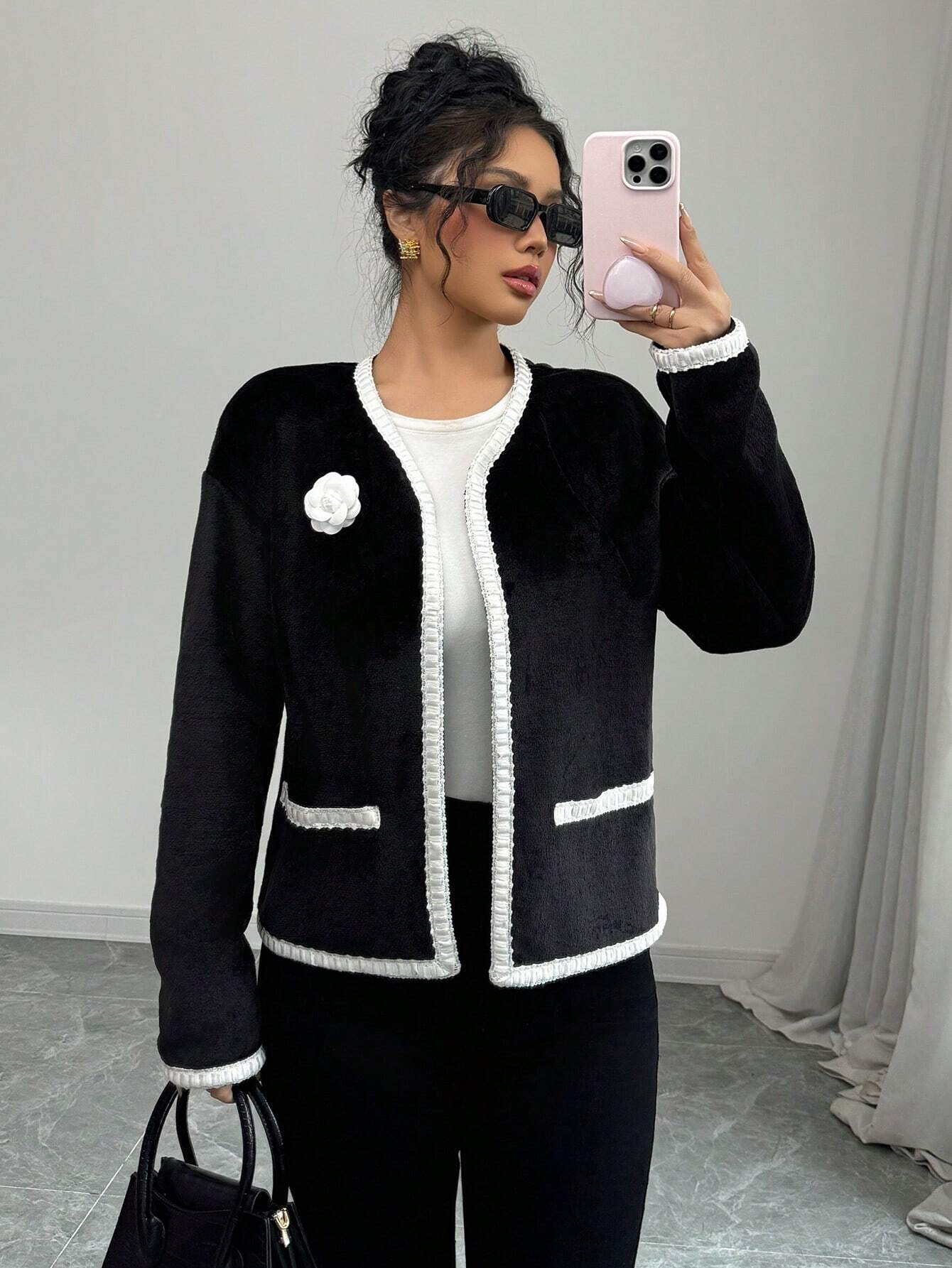 Elegant Floral Appliqué V-Neck Jacket