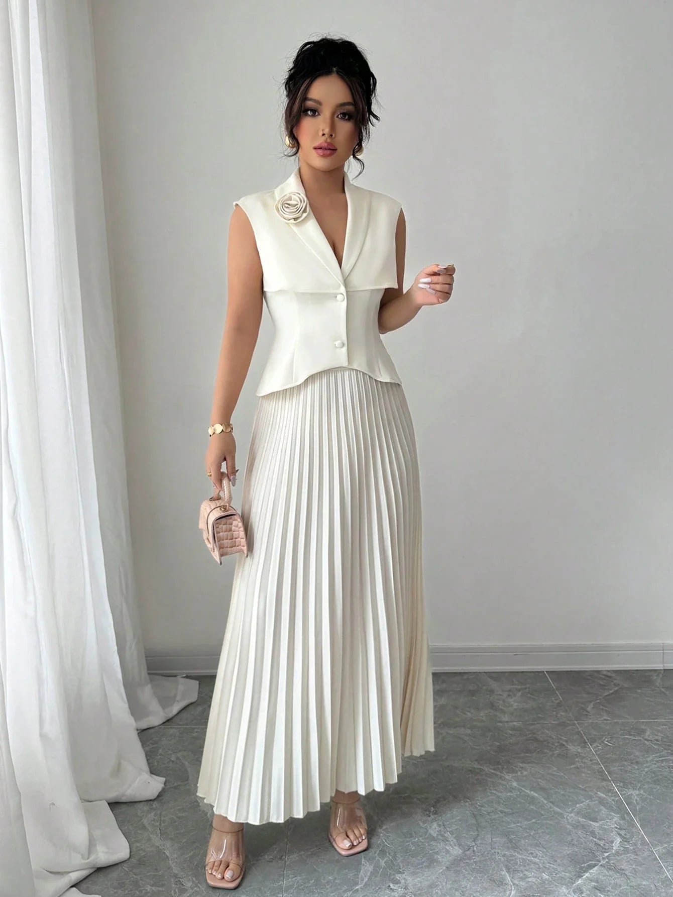 Cinched Vest & Pleated Skirt Set