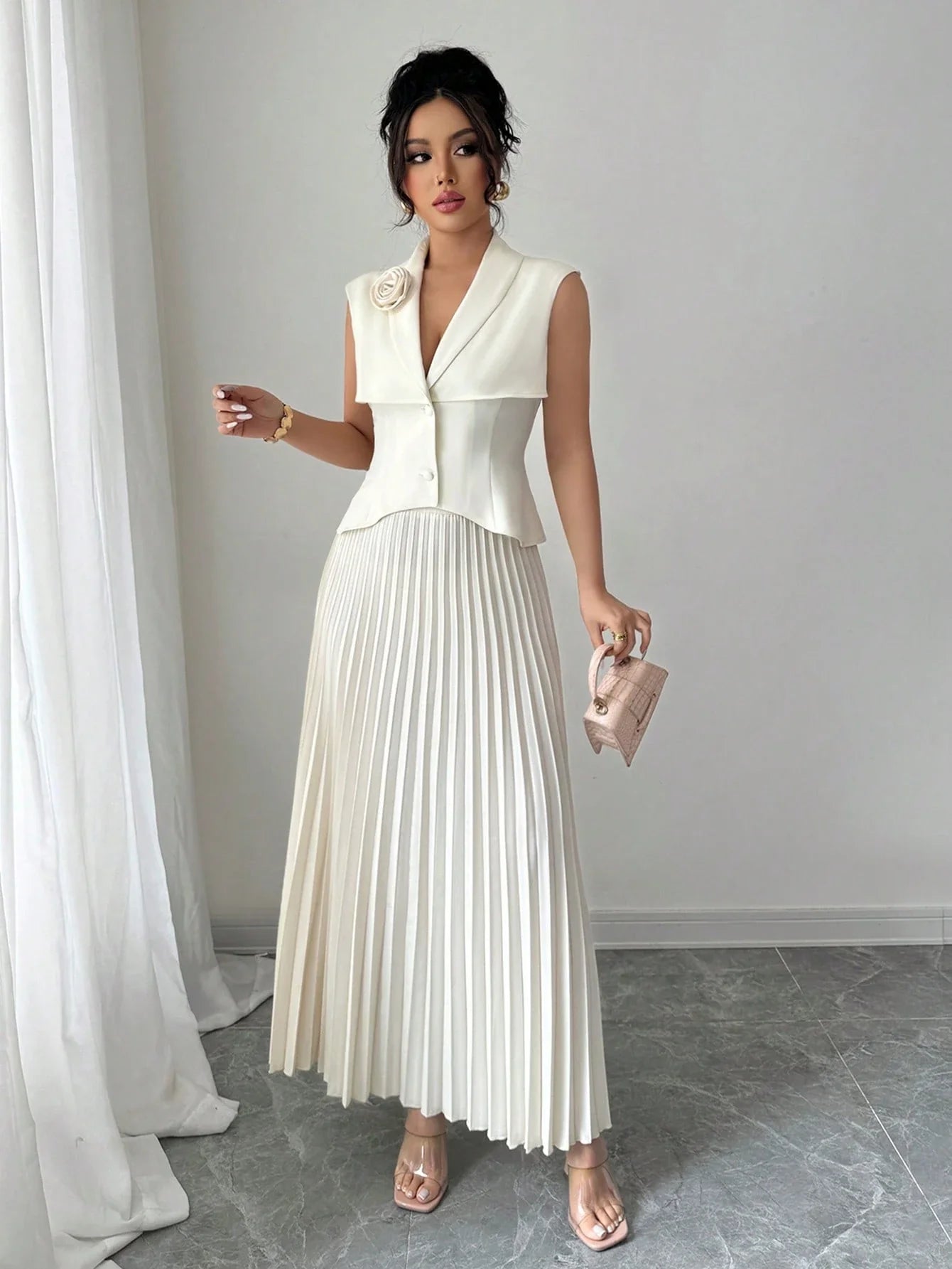 Cinched Vest & Pleated Skirt Set