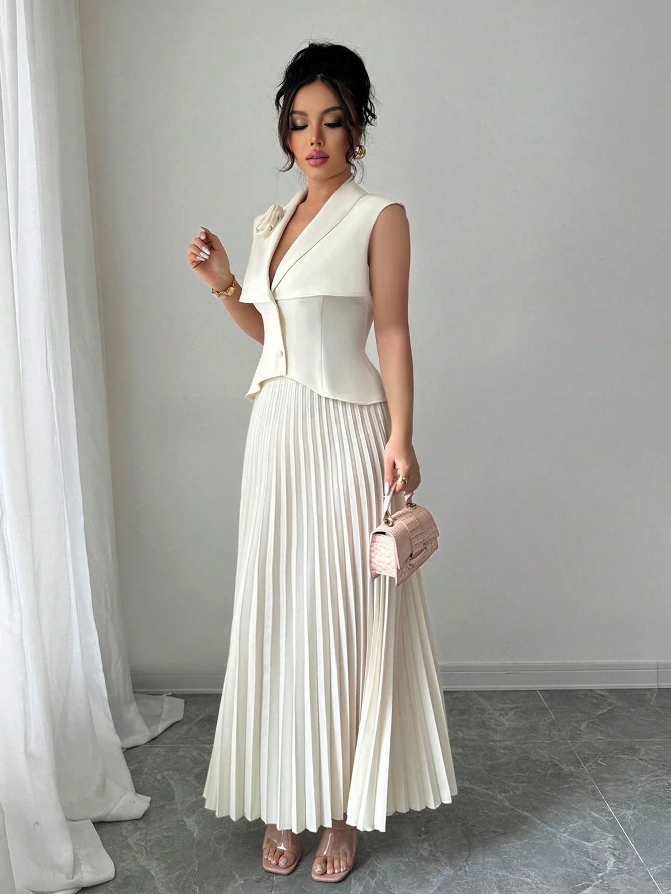 Cinched Vest & Pleated Skirt Set