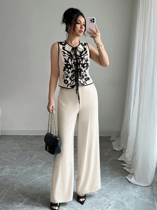 Tie-Front Printed Blouse & Pants Set