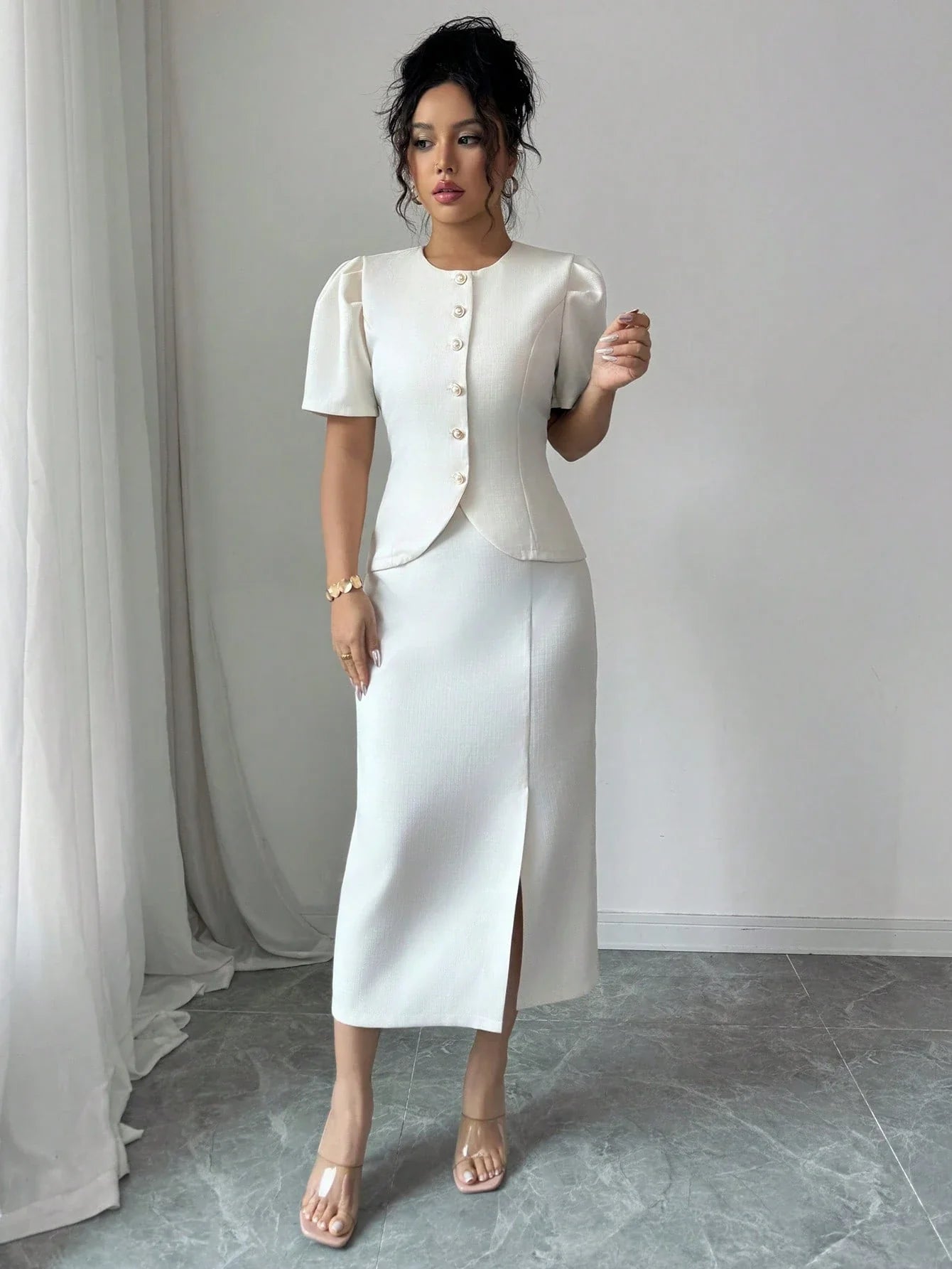 Elegant Apricot Wool Blazer & Skirt Set