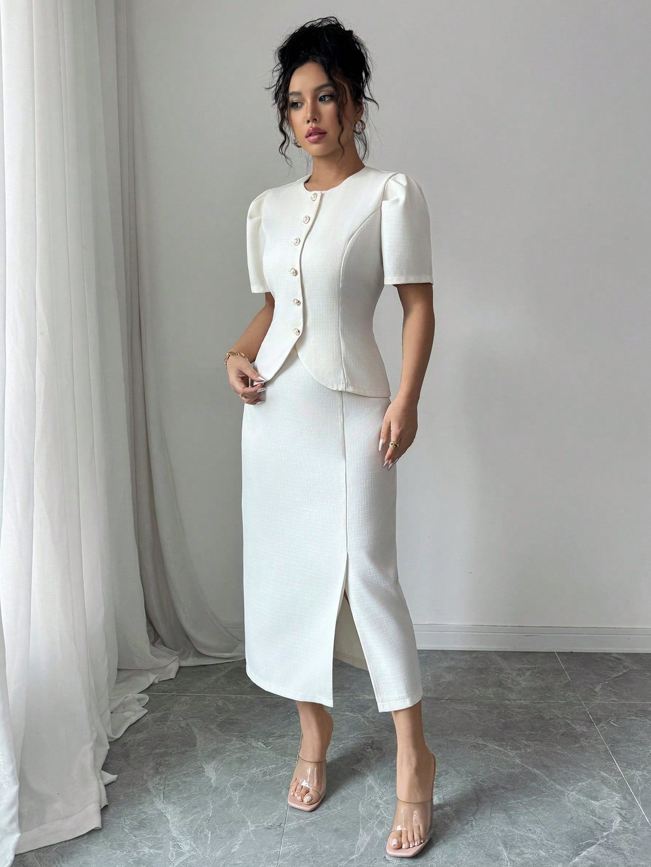 Elegant Apricot Wool Blazer & Skirt Set