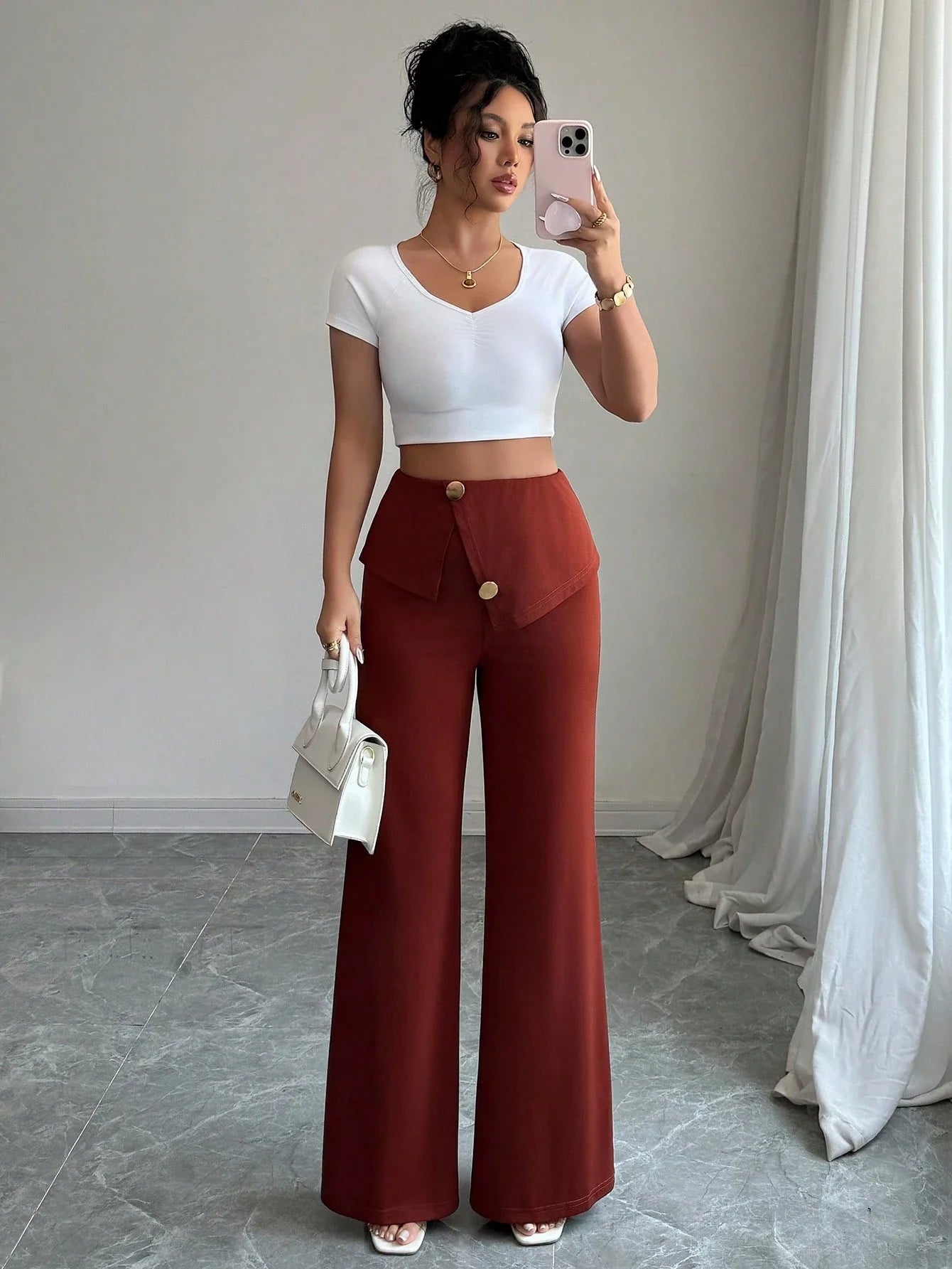 Folded Waist Wide Leg Pants