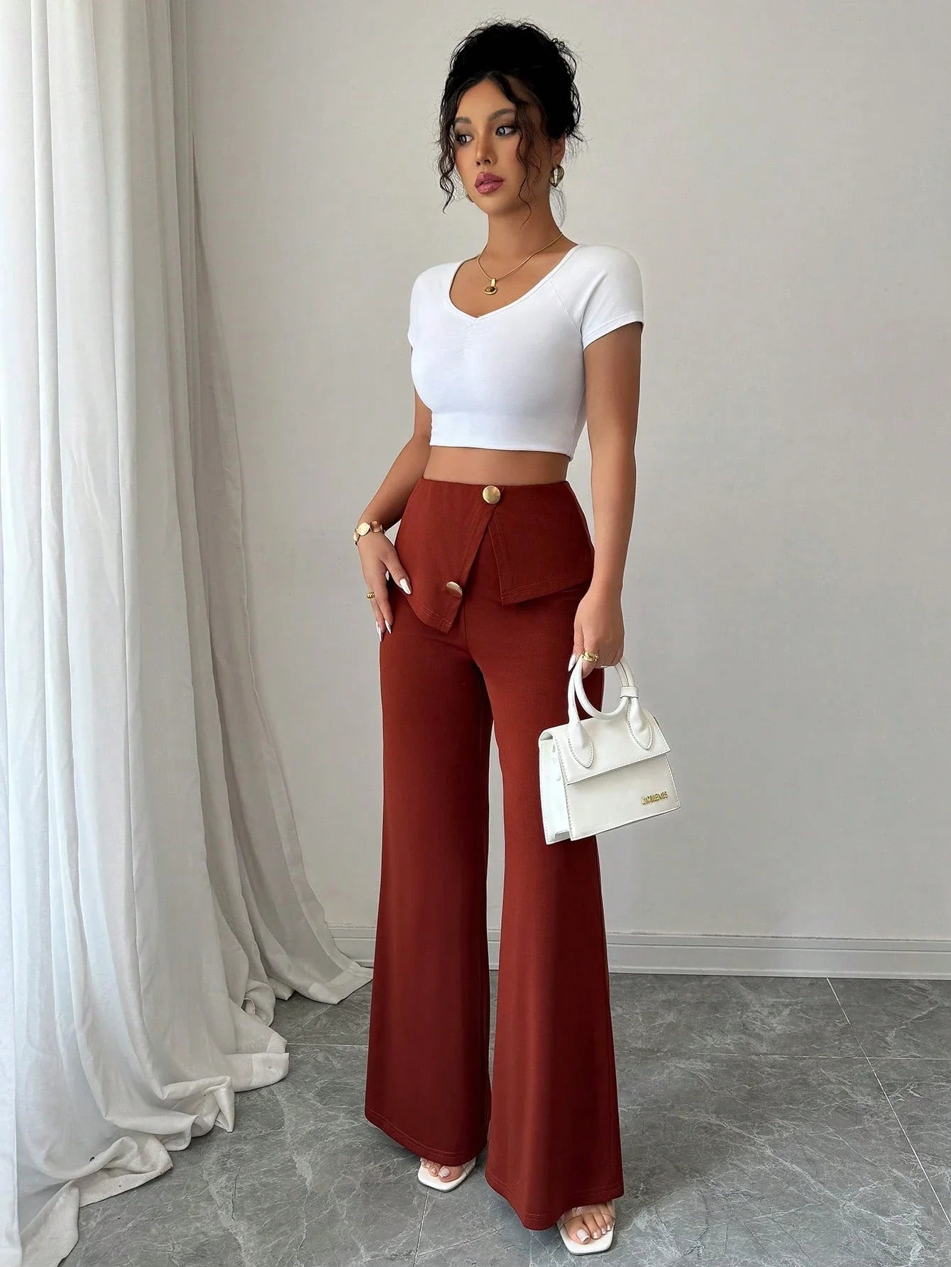 Folded Waist Wide Leg Pants