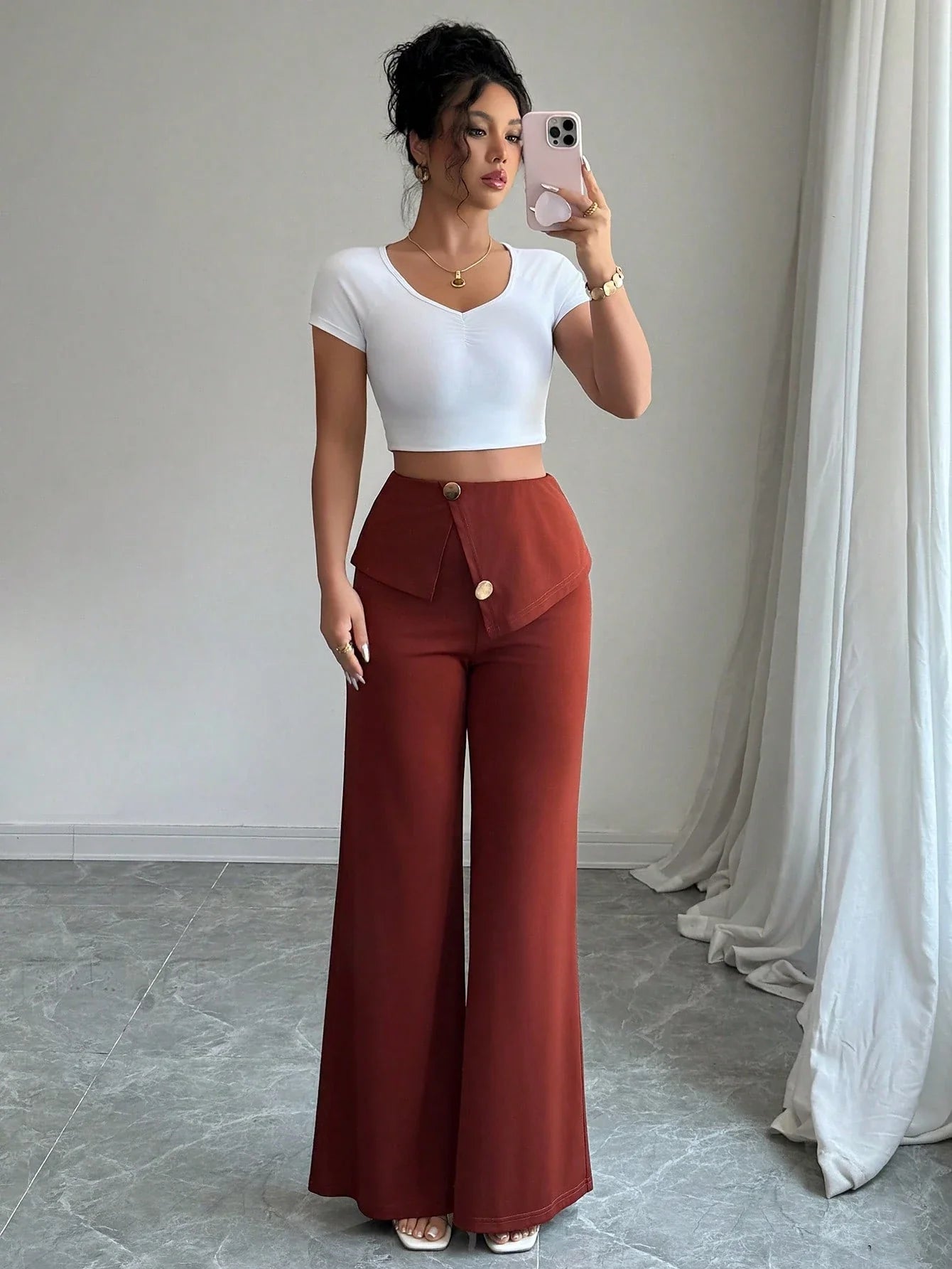Folded Waist Wide Leg Pants