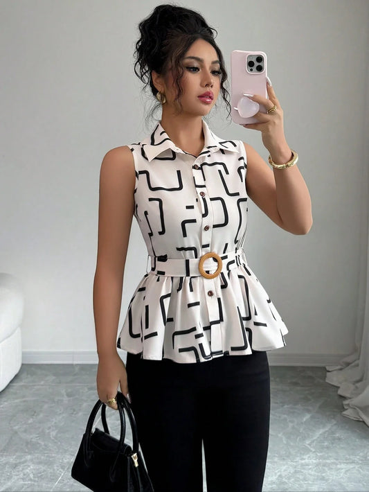 Geometric Ruffle Hem Blouse