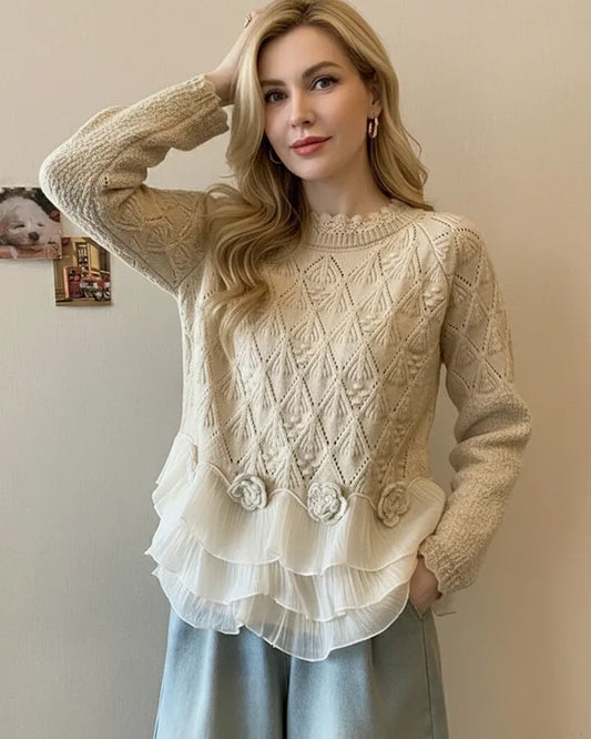 Women’s Ruffle Trim Knit Sweater with Chiffon Layers