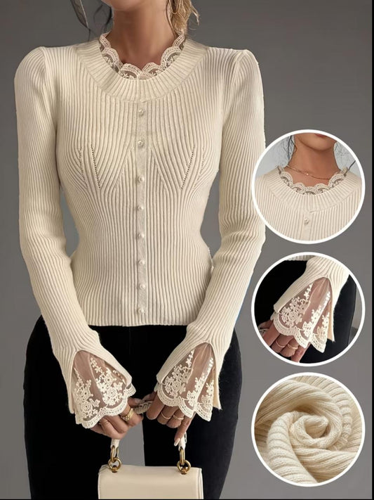 Women’s Lace & Pearl V-Neck Sweater