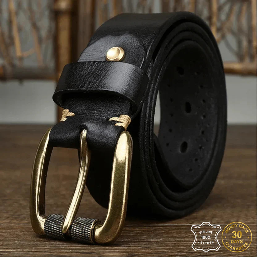 Single-Strip Cowhide Leather Belt with Solid Brass Buckle