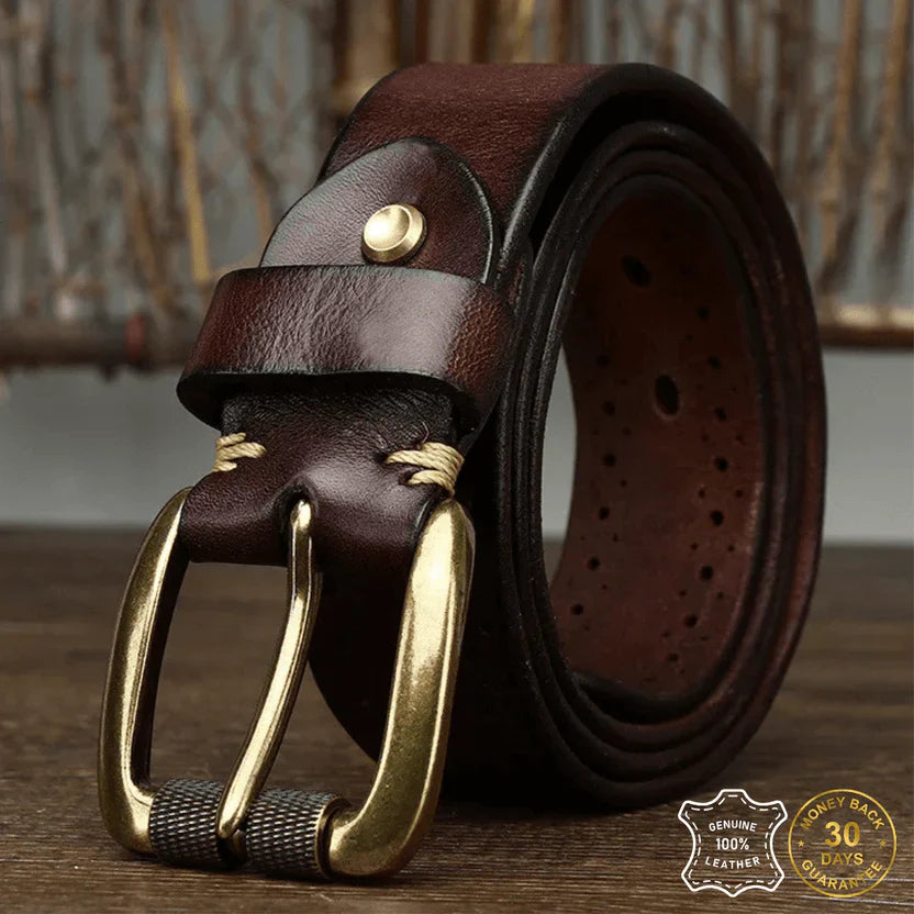 Single-Strip Cowhide Leather Belt with Solid Brass Buckle