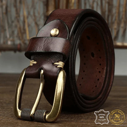 Single-Strip Cowhide Leather Belt with Solid Brass Buckle