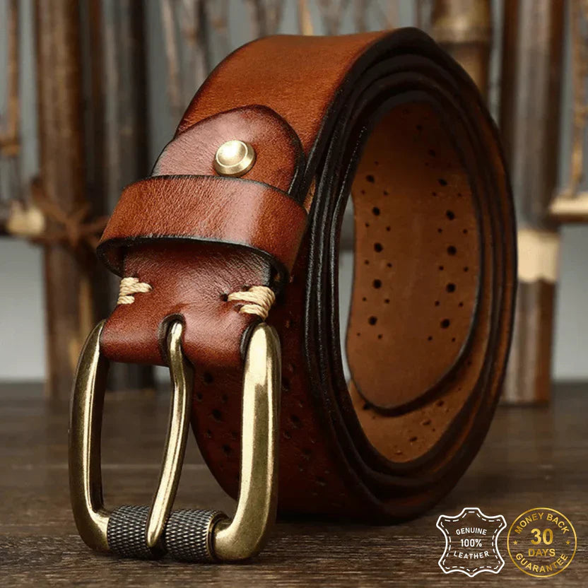 Single-Strip Cowhide Leather Belt with Solid Brass Buckle