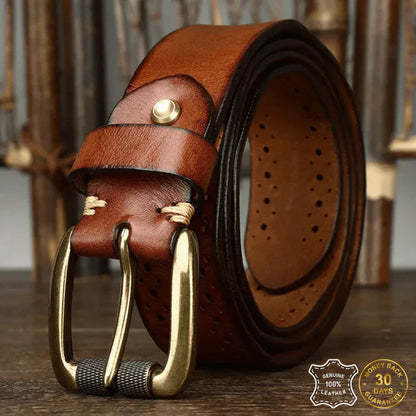 Single-Strip Cowhide Leather Belt with Solid Brass Buckle